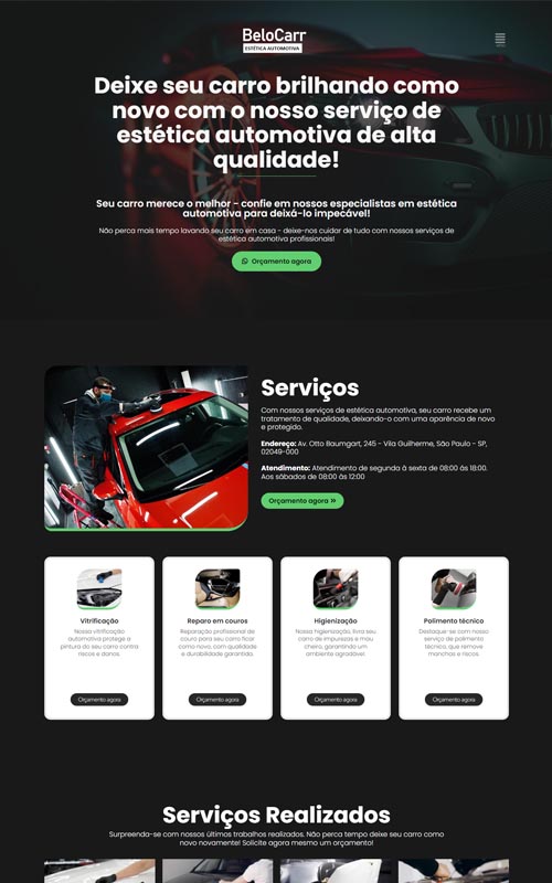 Projeto de site criado para empresa de estética automotiva